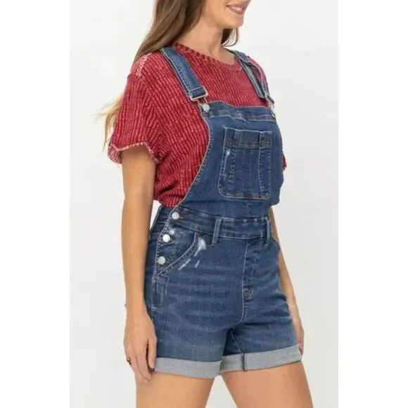 Judy Blue High Waist Double Cuff Denim Short Overalls Sz 2XL - Picture 2 of 13